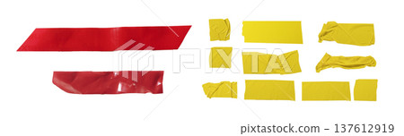Set of red and yellow adhesive tape pieces isolated on white background. Glossy plastic strips with 137612919