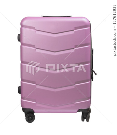 Suitcase front view. Large pink hardcase luggage with four wheels and hardshell polycarbonate body, Suitcase front view. Large pink hardcase luggage with four wheels and hardshell polycarbonate body, 137612935