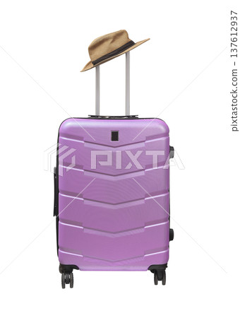 Suitcase front view. Large white polycarbonate carry-on with telescopic handle and pink brimmed Suitcase front view. Large white polycarbonate carry-on with telescopic handle and pink brimmed 137612937