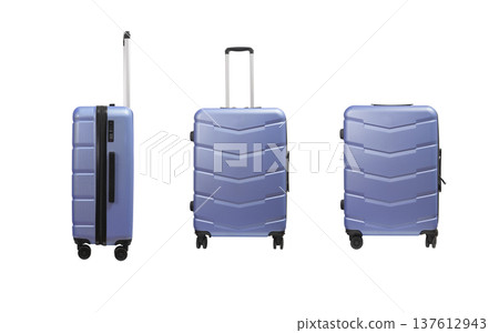 Suitcase set. Wheeled hardshell luggage in blue and purple with telescopic handles and side grips, Suitcase set. Wheeled hardshell luggage in blue and purple with telescopic handles and side grips, 137612943