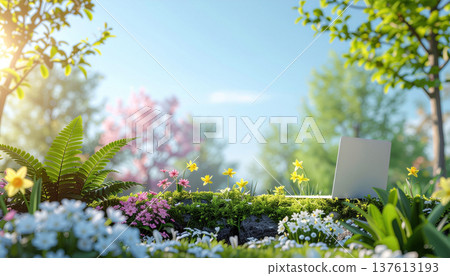 Remote working, spring. laptop sits in vibrant garden with blooming flowers and lush greenery under clear blue sky 137613193