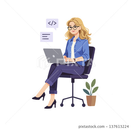 A woman programs on a laptop. A woman programs on a laptop. 137613224
