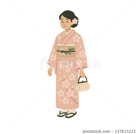 A woman wearing a pink floral kimono A woman wearing a pink floral kimono 137613225