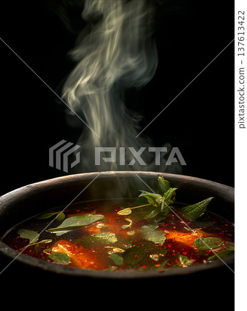 Steaming Hot African Pepper Soup with Scent Leaves in a Clay Pot 137613422
