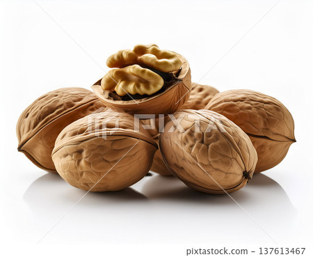 白色背景上的核桃 | 排列在殼中的核桃 137613467