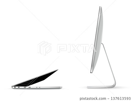 Realistic computer screen with laptop opposite each other isolated on white background Realistic computer screen with laptop opposite each other isolated on white background 137613593