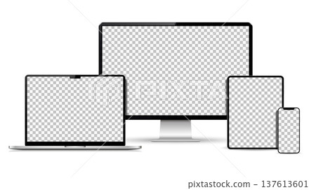 Empty screen computer, laptop, tablet, smartphone mockup. Set technology devices. Empty screen computer, laptop, tablet, smartphone mockup. Set technology devices. 137613601