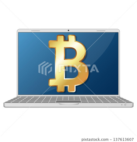 A laptop with a golden Bitcoin symbol on the screen 137613607