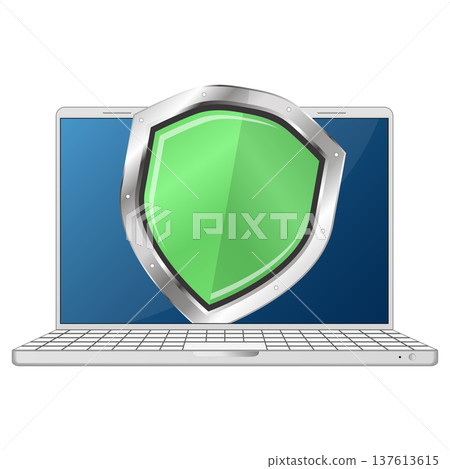 Laptop and green shield on screen, secure laptop data security 137613615