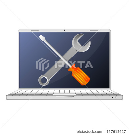 Screwdriver and wrench on laptop screen, repair and service Screwdriver and wrench on laptop screen, repair and service 137613617