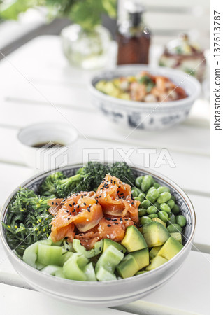 smoked salmon and green vegetable healthy poke bowl on white table in melbourne australia cafe 137613787