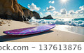 Surfboard on beach with waves and cliffs. 137613876