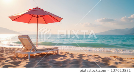 Lounge chair under red umbrella on serene beach. Lounge chair under red umbrella on serene beach. 137613881