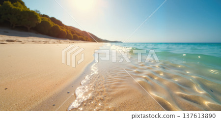 Serene beach scene with calm ocean waters and sandy shore. Serene beach scene with calm ocean waters and sandy shore. 137613890