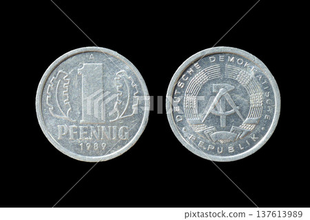 East Germany 1 Pfennig Coin 1989 Aluminum DDR Currency Obverse and Reverse Sides Isolated on Black Background 137613989