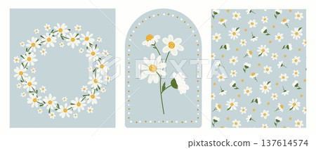 Beautiful daisy floral set with wreath decorative arch and seamless pattern. Botanical chamomile collection in perfectly imperfect doodle style. Organic vector bundle for wedding and greeting cards. 137614574