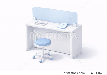 藥局諮詢台和圓形凳子 3D 圖示 帶隔板的清潔醫療用品 藥局諮詢台和圓形凳子 3D 圖示 帶隔板的清潔醫療用品 137614626