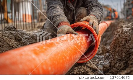 Construction worker installing orange sewer pipe in trench underground drainage pipeline infrastructure repair concept 137614675