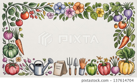 Gardening border with tomatoes carrots turnips flowers and leafy vines 137614704