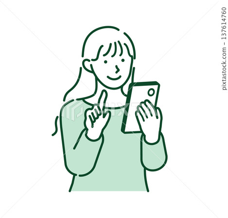 Line drawing of a young woman in casual clothes enjoying a smartphone Line drawing of a young woman in casual clothes enjoying a smartphone 137614760