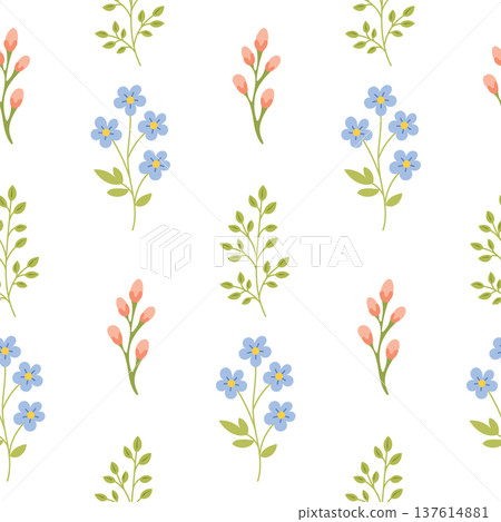 Tender floral seamless pattern with blue flower and pink bud Tender floral seamless pattern with blue flower and pink bud 137614881