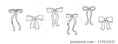Bows and ribbons set of doodle icons. Coquette bow black outline for hair decoration, celebration party items, gift packaging, present cards and luxury wrap pack. Isolated on white background. 137615037
