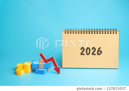 Economic crisis and recession. Bankruptcy and financial crisis. Analysis and analytics. Capital outflow. GDP. Forecasting. Notes 2026 with a downward arrow and money with coins. Economic crisis and recession. Bankruptcy and financial crisis. Analysis and analytics. Capital outflow. GDP. Forecasting. Notes 2026 with a downward arrow and money with coins. 137615057