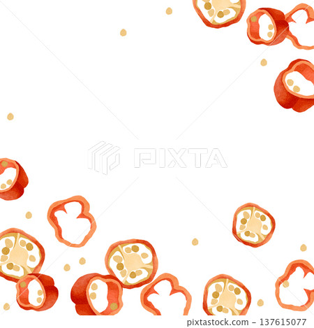 Hand-drawn watercolor fresh chili pepper slices and seeds composition for ingredients or product design, ready to use template 137615077