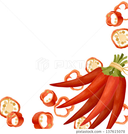 Hand-drawn watercolor fresh chili peppers bundle and sliced pepper composition for ingredients or product design, ready to use Hand-drawn watercolor fresh chili peppers bundle and sliced pepper composition for ingredients or product design, ready to use 137615078