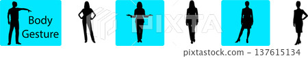 Body gesture vector icons set with silhouettes showing hand signs and standing postures Body gesture vector icons set with silhouettes showing hand signs and standing postures 137615134