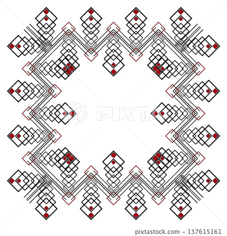 Abstract square frame of intertwined lines and squares. Geometric serrated design element. Contrast black red square decor. Monochrome complex design Abstract square frame of intertwined lines and squares. Geometric serrated design element. Contrast black red square decor. Monochrome complex design 137615161