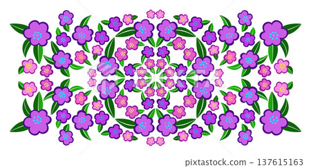 Rectangle ethnic ornament Kaleidoscope pattern of flowers. Folk floral ornament. Purple pink flowers 137615163