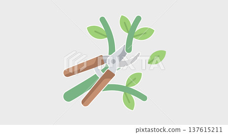 Pruning scissors cutting plant stem with green leaves representing garden maintenance trimming branches Pruning scissors cutting plant stem with green leaves representing garden maintenance trimming branches 137615211