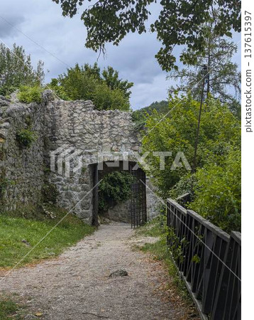 Scenic panoramic view of the town of Kamnik with the old castle on the hill in Slovenia 137615397