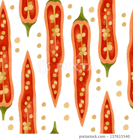 Hand-drawn watercolor seamless pattern made of red hot chili pepper and chili seeds illustrations for packaging 137615540