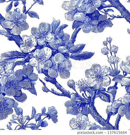 Blue Vintage Engraved Cherry Blossom Toile Pattern 137615684