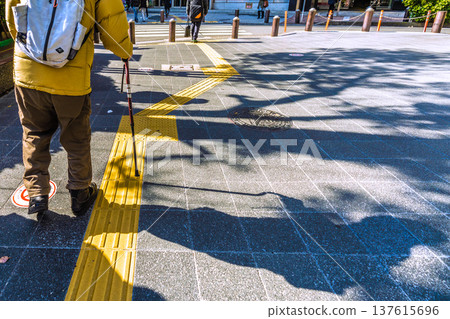 日本橫濱城市景觀：一位拄著拐杖的老人…一道黑影在危險的人行道上搖曳…人生究竟是什麼…= 橫濱市（橫濱站西口） 137615696