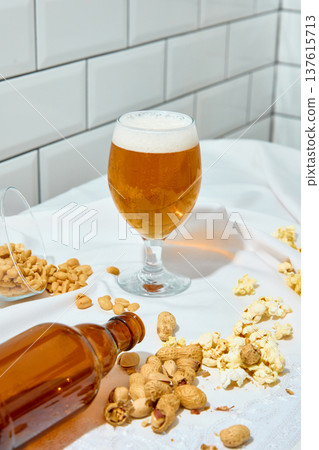 Craft beer with bar snacks casual pub table concept Craft beer with bar snacks casual pub table concept 137615713