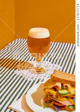 Craft beer with grilled sandwich cafe lunch concept Craft beer with grilled sandwich cafe lunch concept 137615714