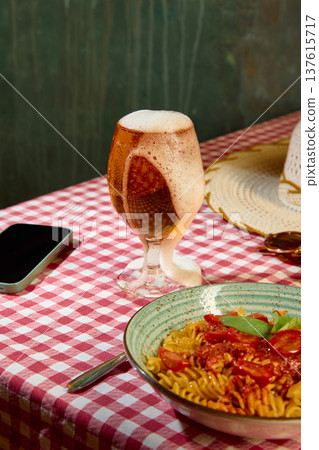 Craft beer with pasta restaurant lunch table concept 137615717