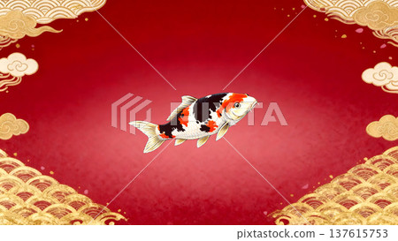 Illustration of a Nishikigoi carp swimming on a red Japanese background and gold cloud pattern. Auspicious Japanese design material. Tags (for copy and paste) 137615753