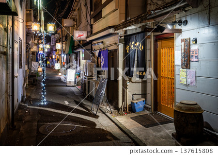 JR大森站及山王小路餐飲區(地獄谷)的夜景,以及充滿昭和時代復古氣息的小巷和招牌。 JR大森站及山王小路餐飲區(地獄谷)的夜景,以及充滿昭和時代復古氣息的小巷和招牌。 137615808