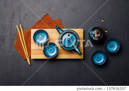 Asian tea ceremony set with teapot and cups Asian tea ceremony set with teapot and cups 137616207