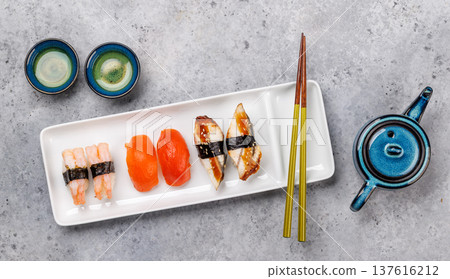 Sushi set with tea and small teapot 137616212