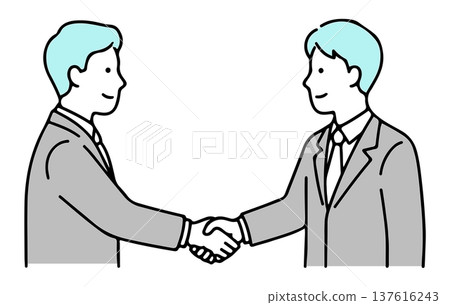 Illustration of businessmen shaking hands: Contract conclusion and trust partnership (simple line drawing, vector) 137616243
