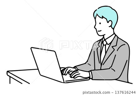 一位商務人士在辦公桌前使用筆記型電腦工作的插圖：遠距辦公與專注（簡筆畫） 137616244