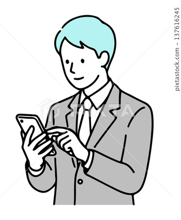 商務人士使用智慧型手機的插圖:查看通訊和應用程式(簡筆畫,向量圖) 商務人士使用智慧型手機的插圖:查看通訊和應用程式(簡筆畫,向量圖) 137616245