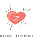 Cute coral heart with Happy Day lettering and doodle rays, ideal for greeting cards, stickers 137616301