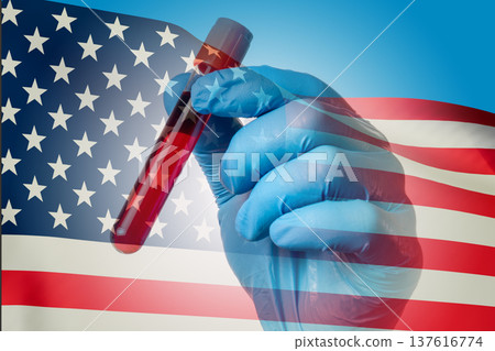 Crophy analysis of a human in a test tube in a doctor's hand against the background of the US flag 137616774