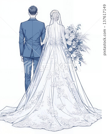 一位身穿婚紗的女士和一位身穿燕尾服的男士 137617149